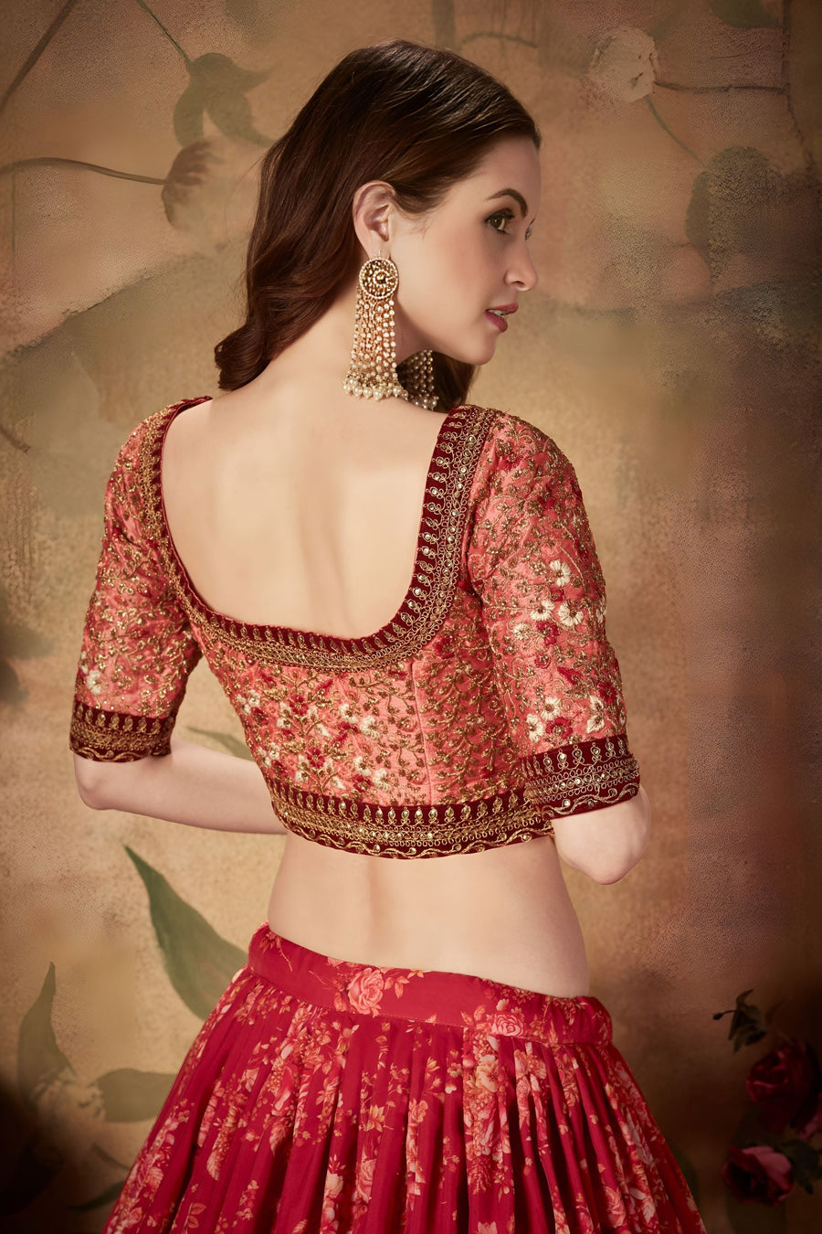 Maroon Slub Silk Floral Lehenga for Women with Zari Work