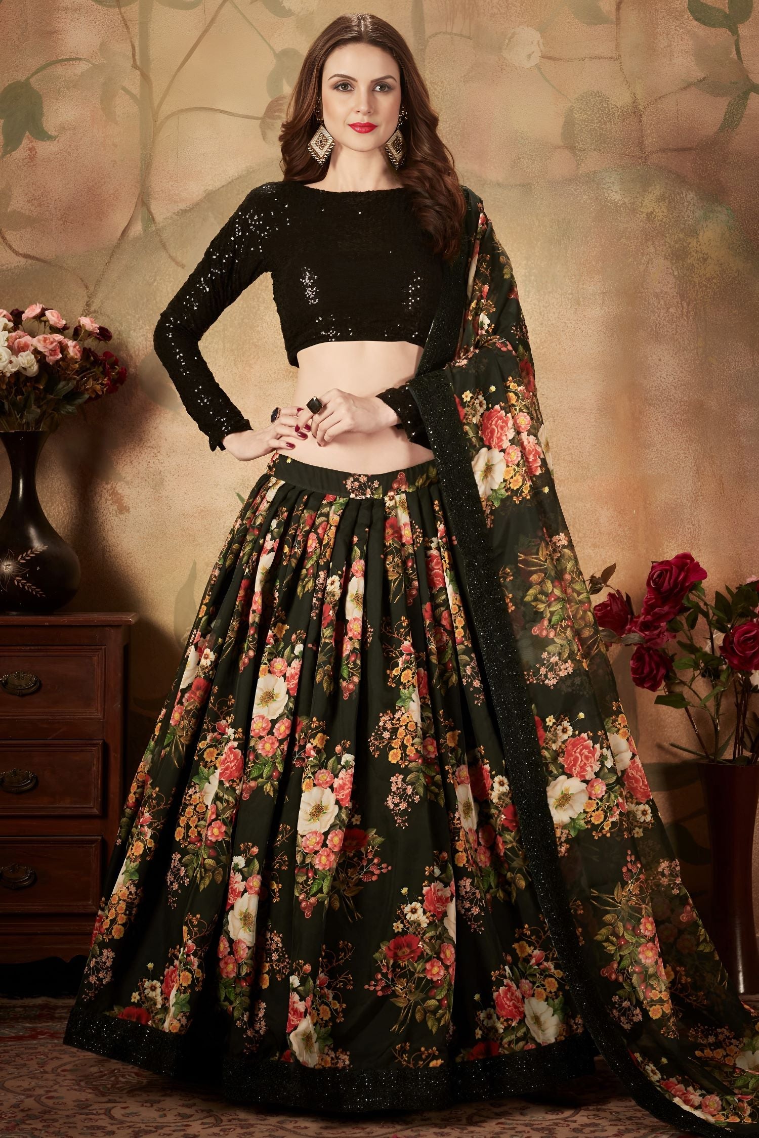 Black Georgette Floral Lehenga for Women with Zari and Sequins