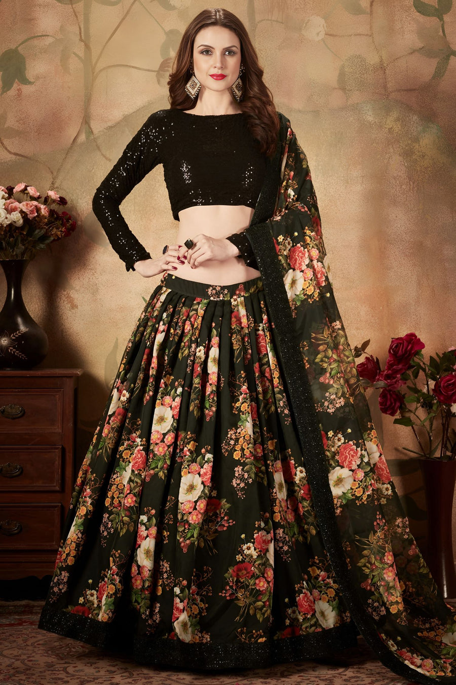 Black Georgette Floral Lehenga for Women with Zari and Sequins