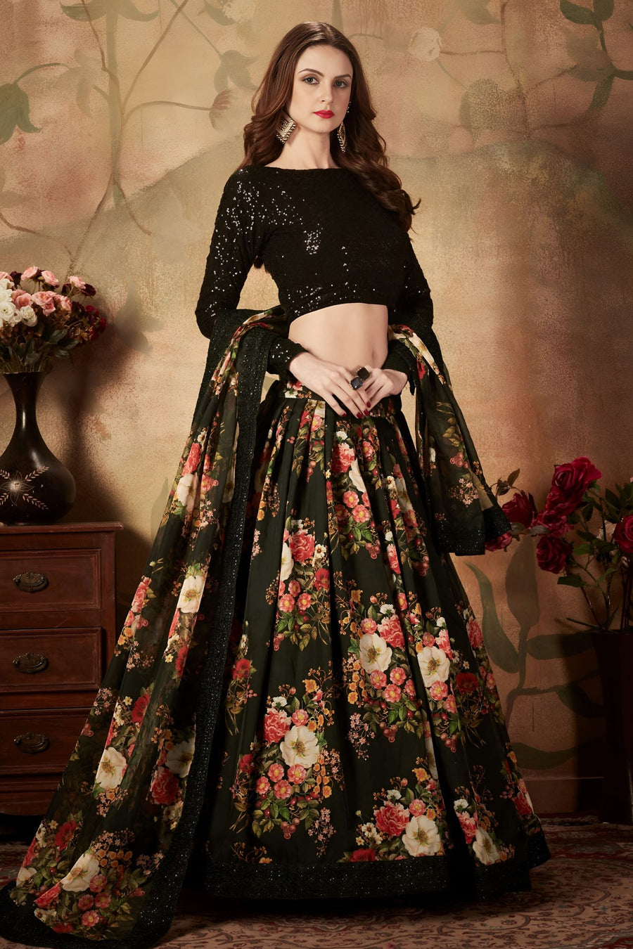 Black Georgette Floral Lehenga for Women with Zari and Sequins