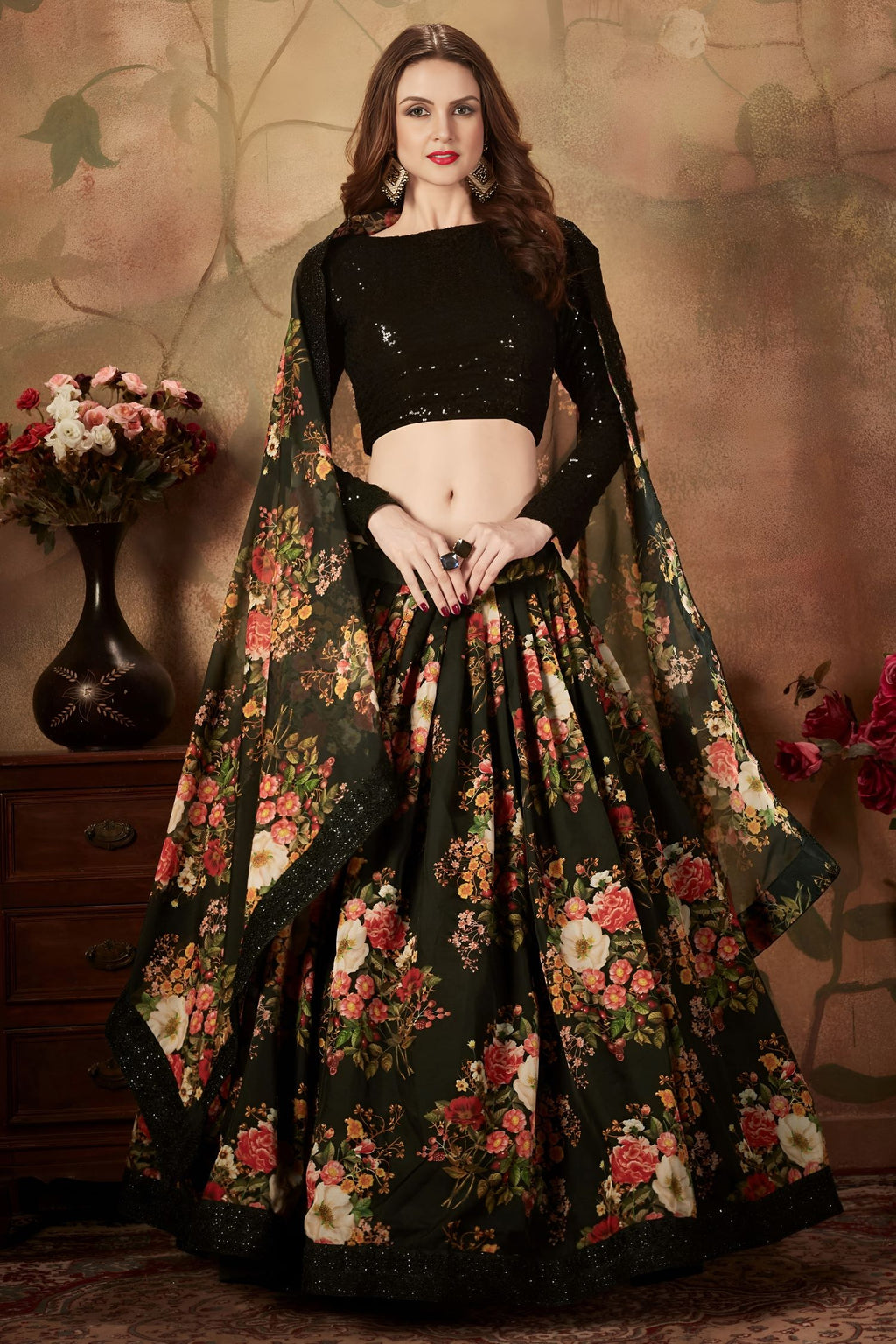 Black Georgette Floral Lehenga for Women with Zari and Sequins