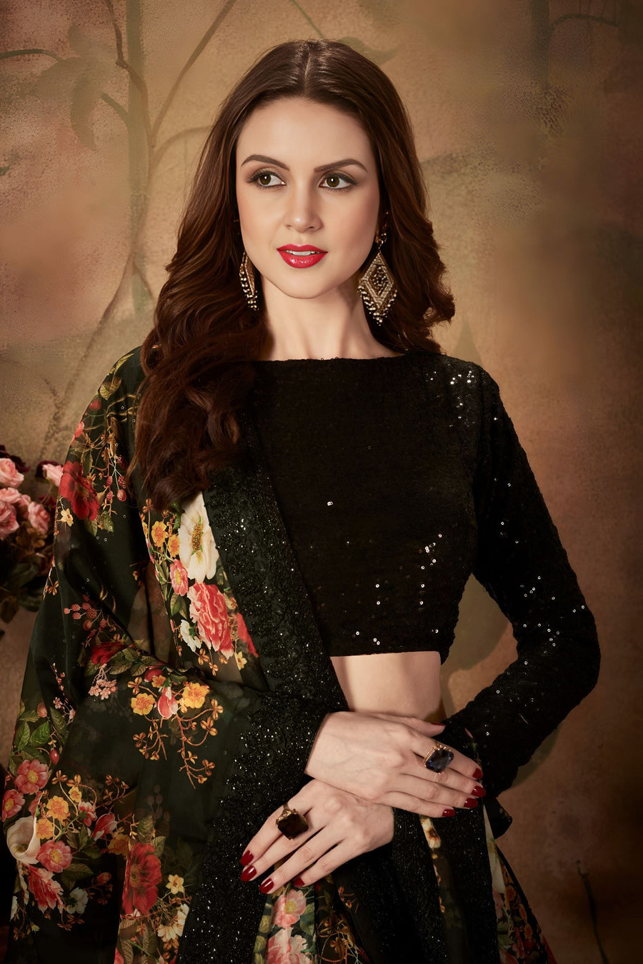 Black Georgette Floral Lehenga for Women with Zari and Sequins