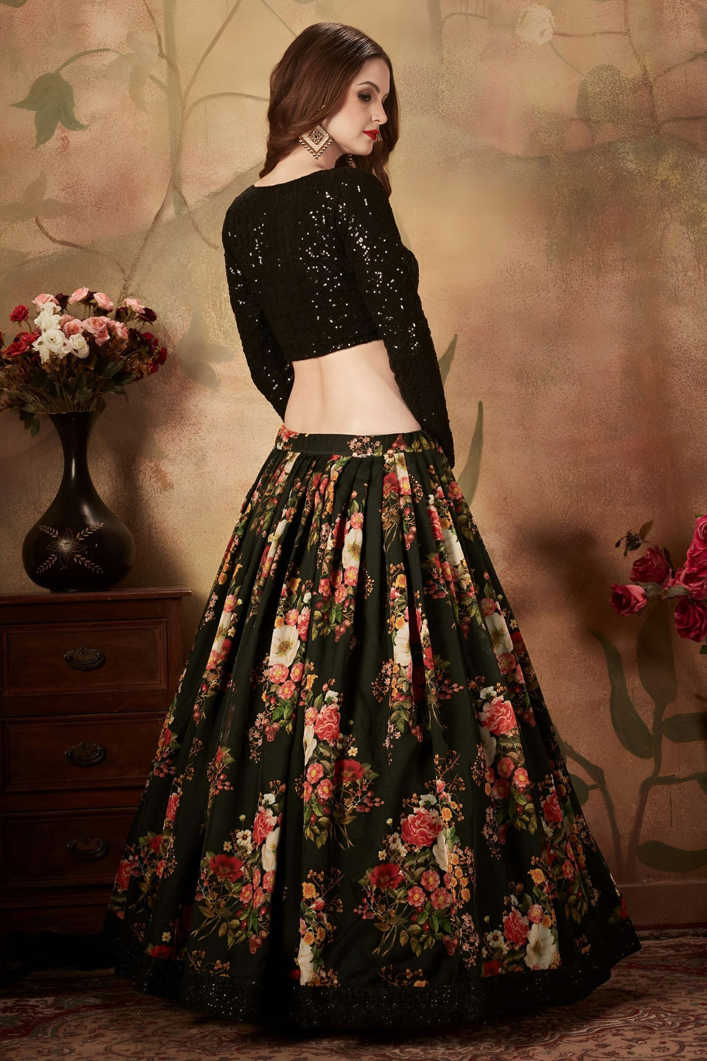 Black Georgette Floral Lehenga for Women with Zari and Sequins