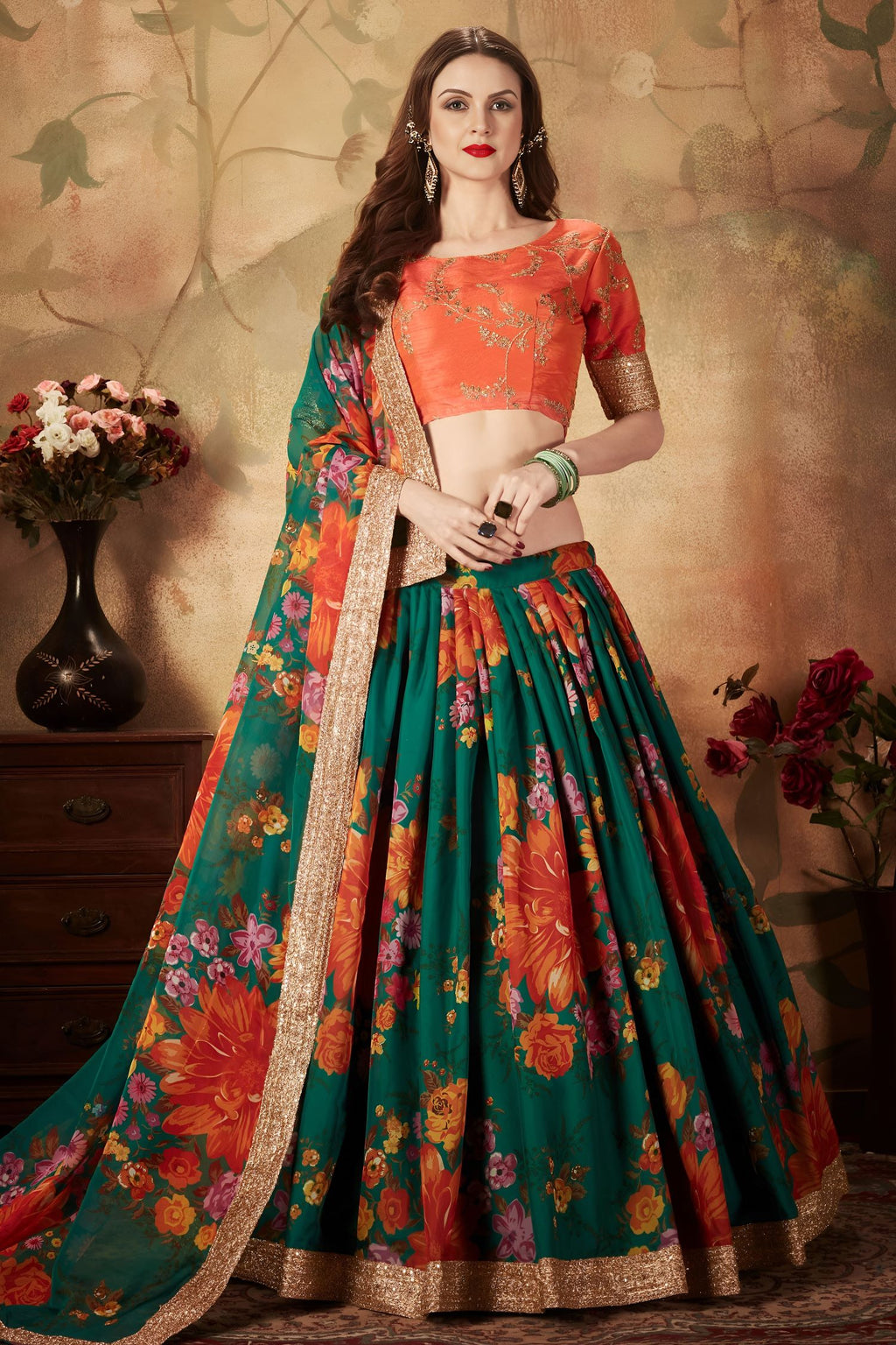 Green Slub Silk Floral Lehenga for Women with Zari and Sequins Work