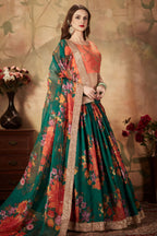 Green Slub Silk Floral Lehenga for Women with Zari and Sequins Work