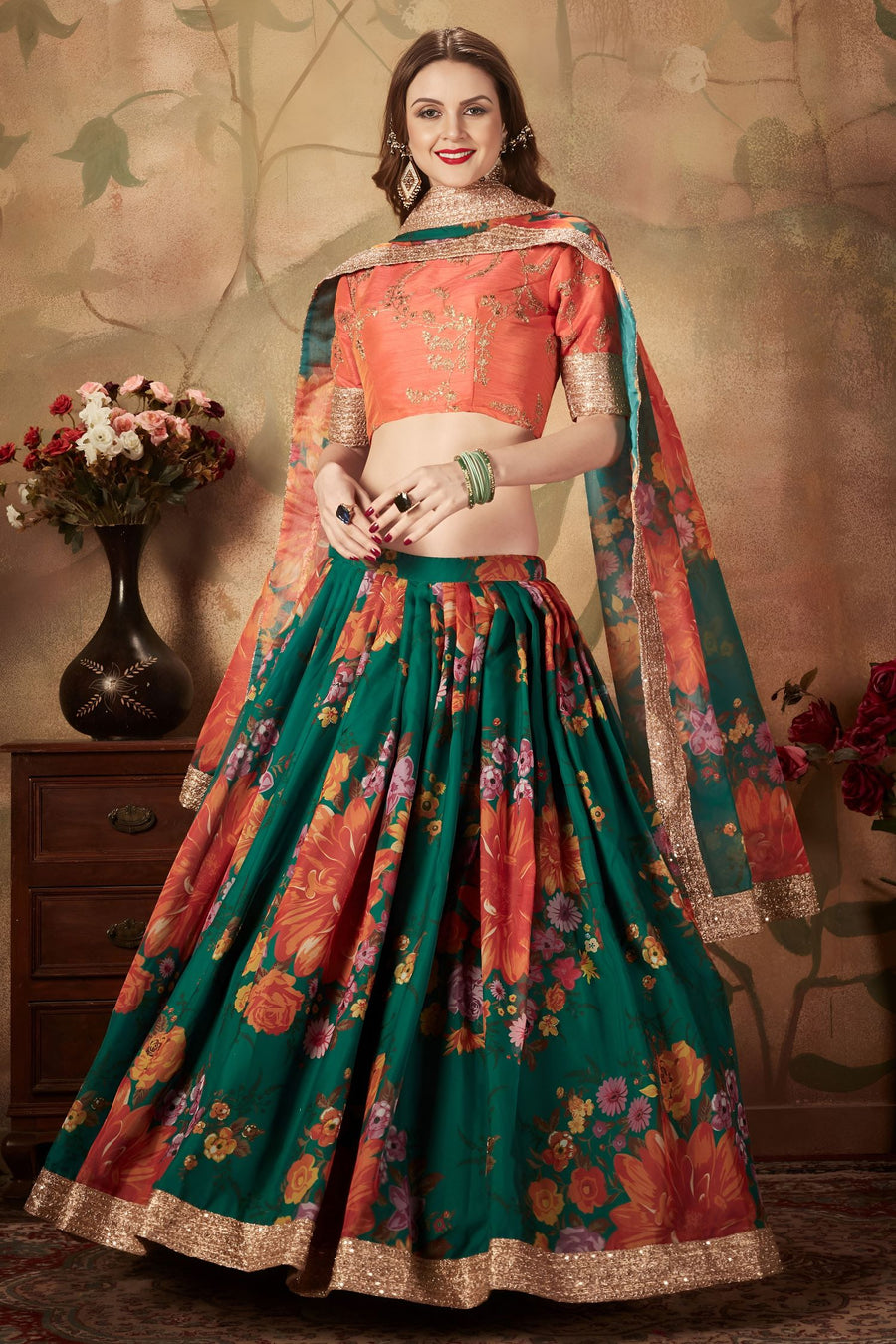 Green Slub Silk Floral Lehenga for Women with Zari and Sequins Work