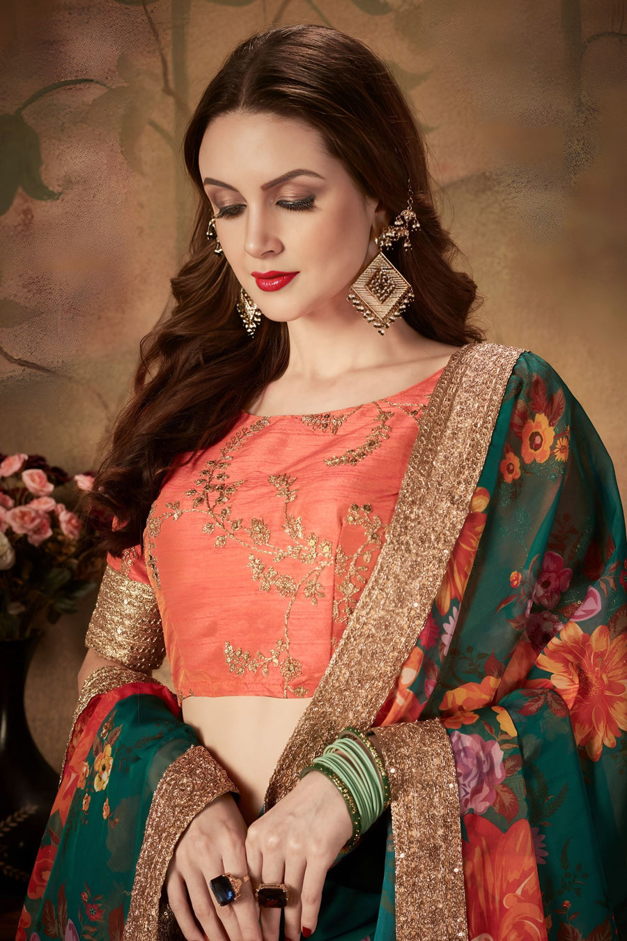 Green Slub Silk Floral Lehenga for Women with Zari and Sequins Work