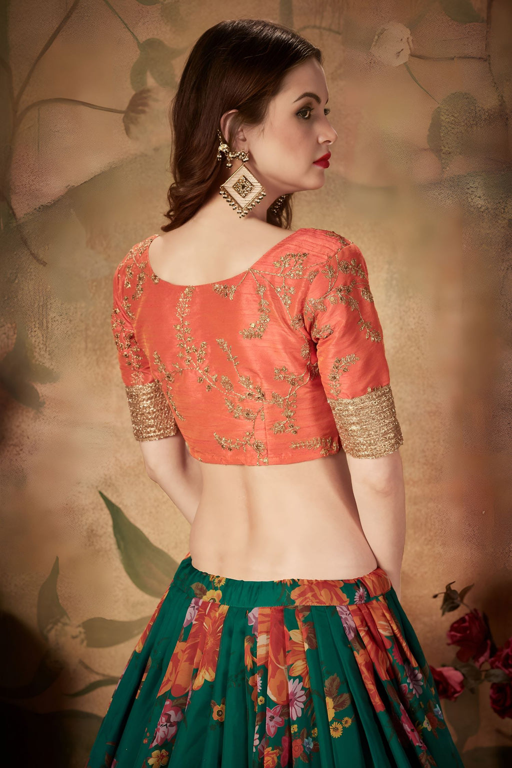 Green Slub Silk Floral Lehenga for Women with Zari and Sequins Work