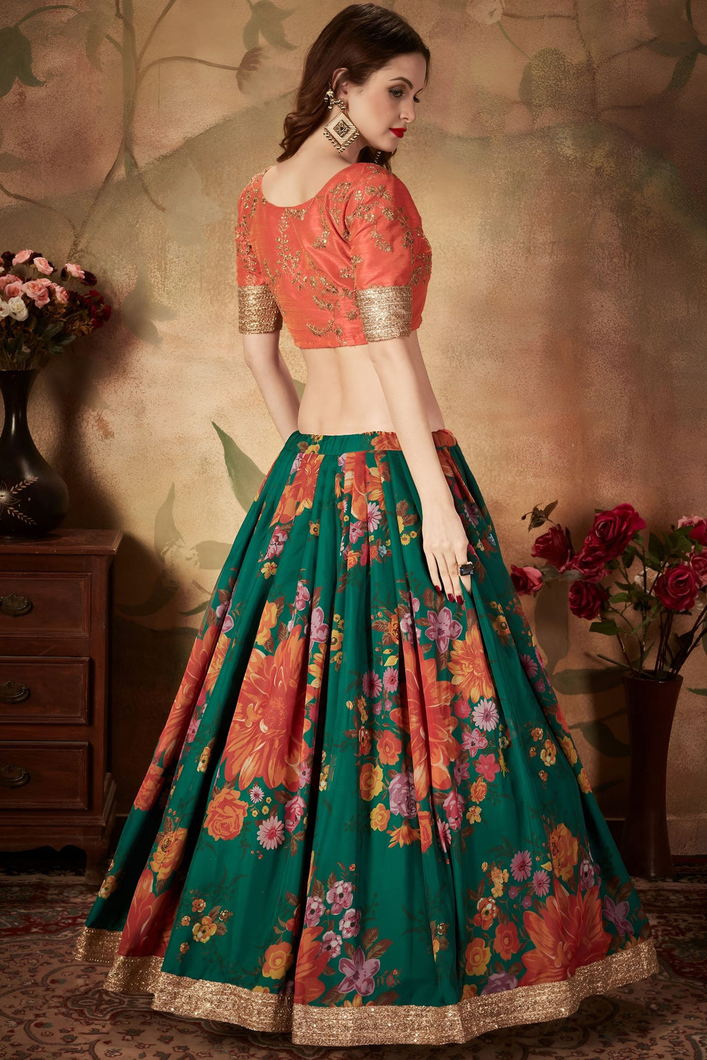 Green Slub Silk Floral Lehenga for Women with Zari and Sequins Work