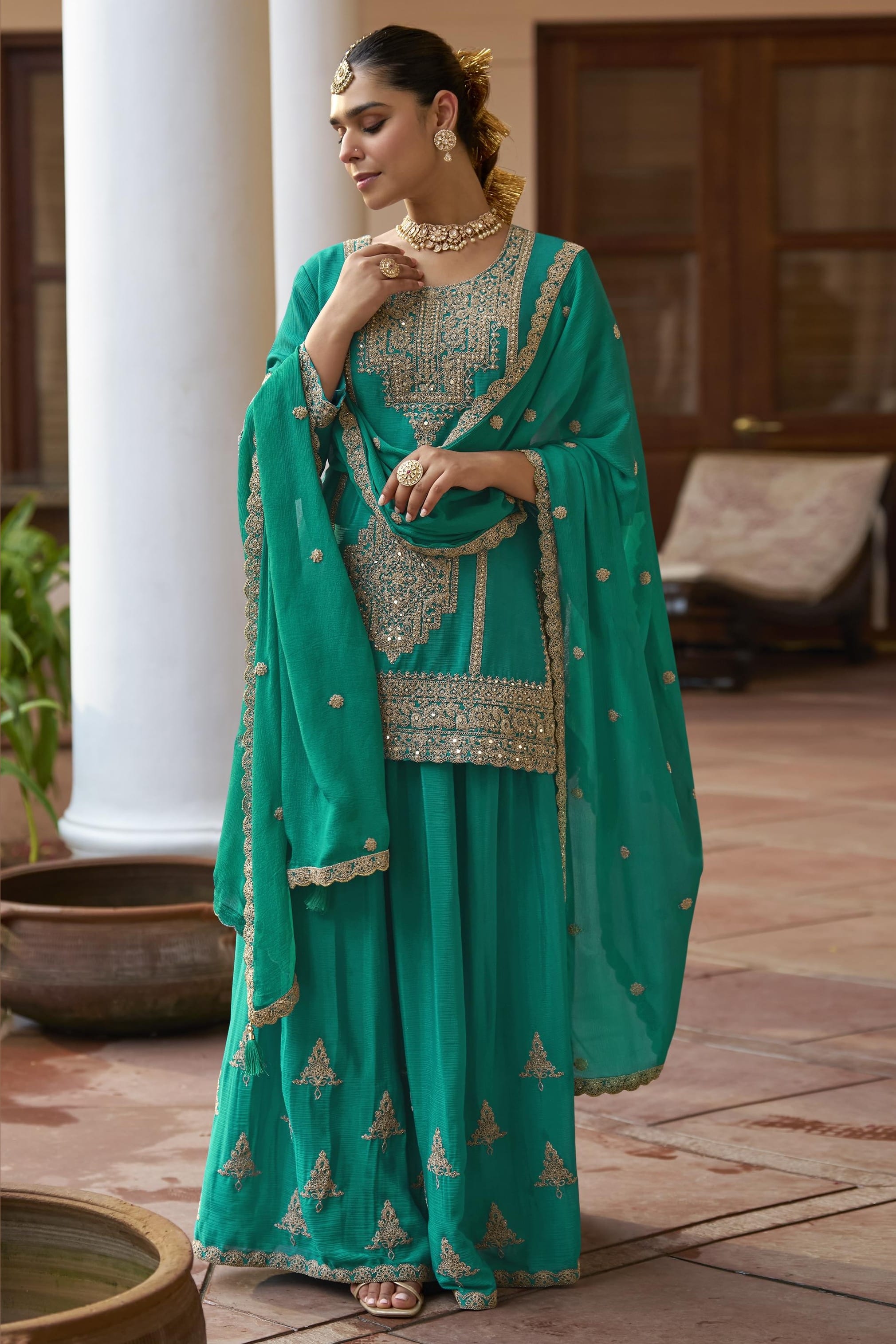 Teal Chinon Silk Plazo Suit For Indian & Pakistani Wedding Festival - Sequence & Thread Embroidery Work, Dori Work