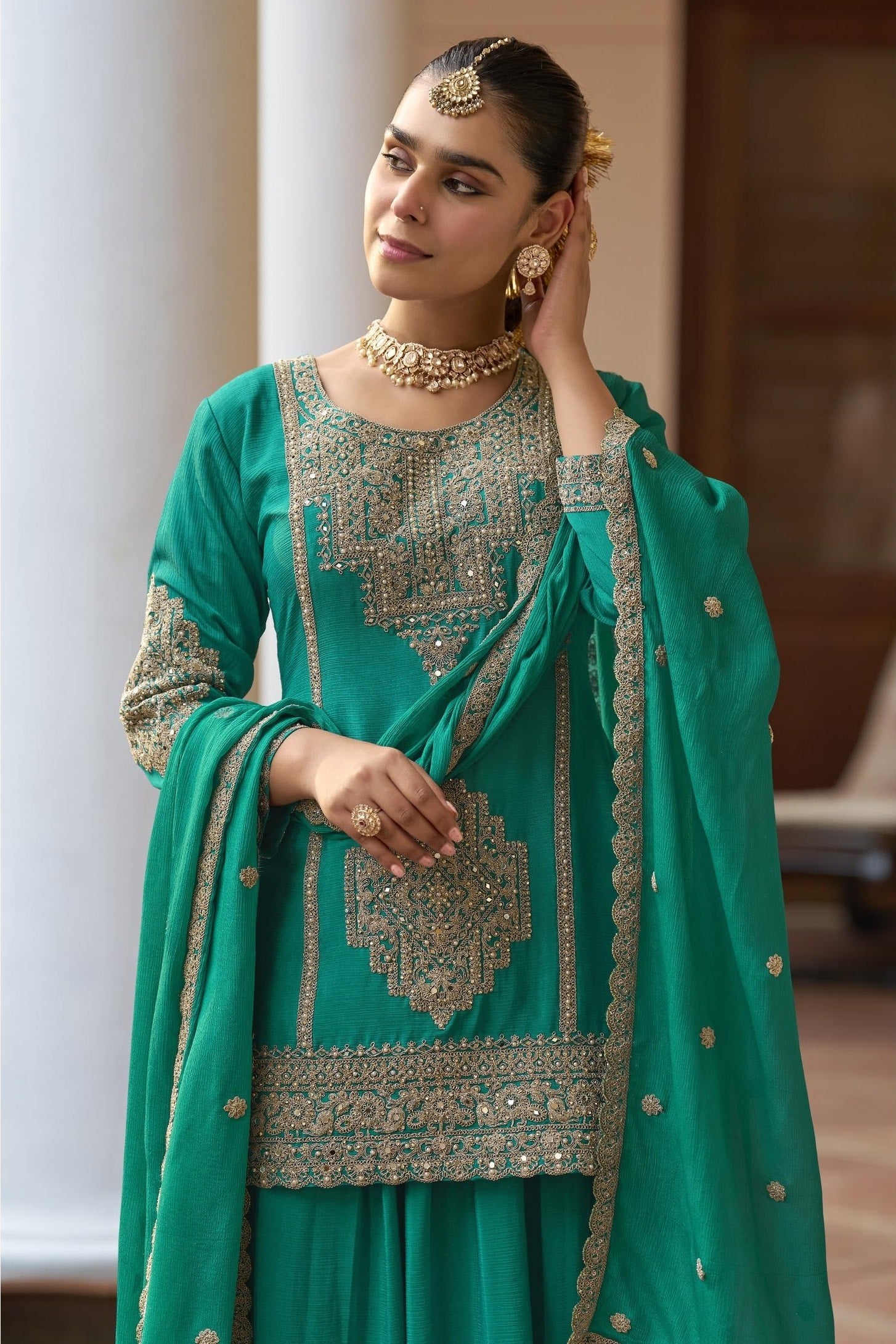 Teal Chinon Silk Plazo Suit For Indian & Pakistani Wedding Festival - Sequence & Thread Embroidery Work, Dori Work