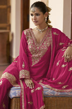 Pink Chinon Silk Plazo Suit For Indian & Pakistani Wedding Festival - Sequence & Thread Embroidery Work, Dori Work