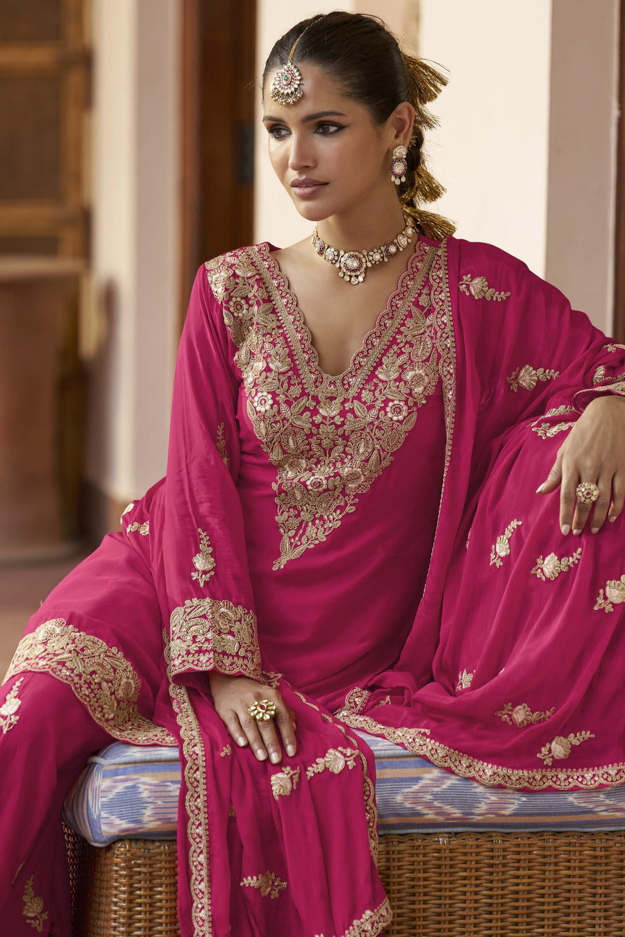 Pink Chinon Silk Plazo Suit For Indian & Pakistani Wedding Festival - Sequence & Thread Embroidery Work, Dori Work