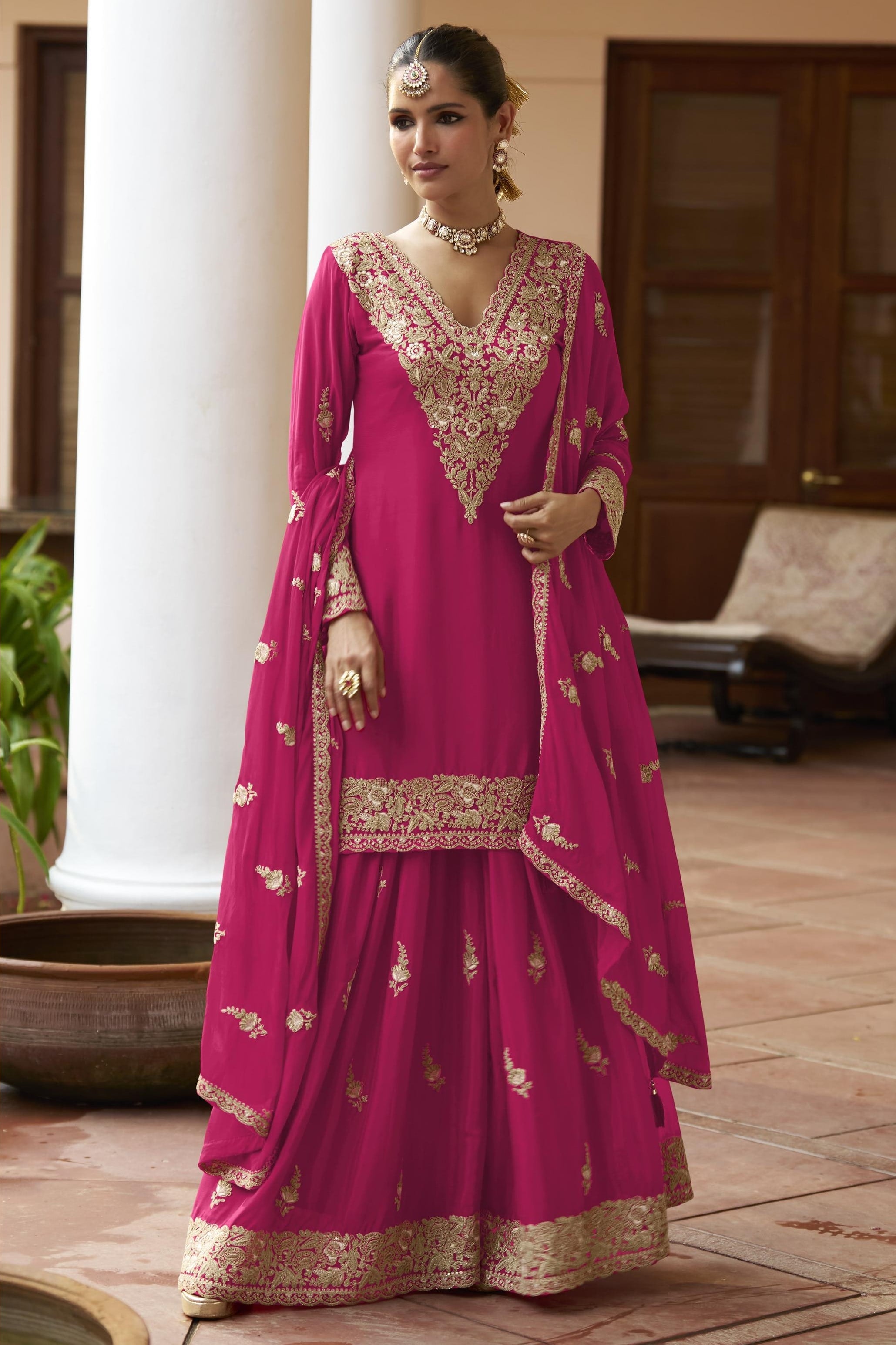 Pink Chinon Silk Plazo Suit For Indian & Pakistani Wedding Festival - Sequence & Thread Embroidery Work, Dori Work