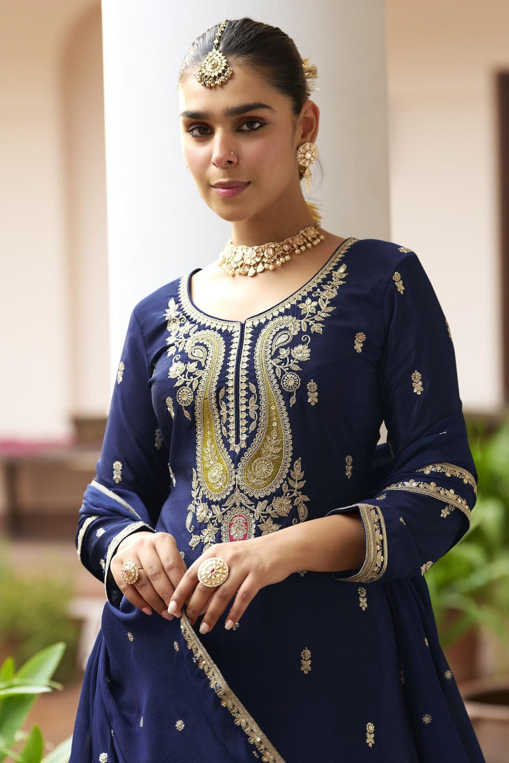 Blue Chinon Silk Plazo Suit For Indian & Pakistani Wedding Festival - Sequence & Thread Embroidery Work, Dori Work