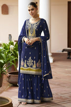 Blue Chinon Silk Plazo Suit For Indian & Pakistani Wedding Festival - Sequence & Thread Embroidery Work, Dori Work