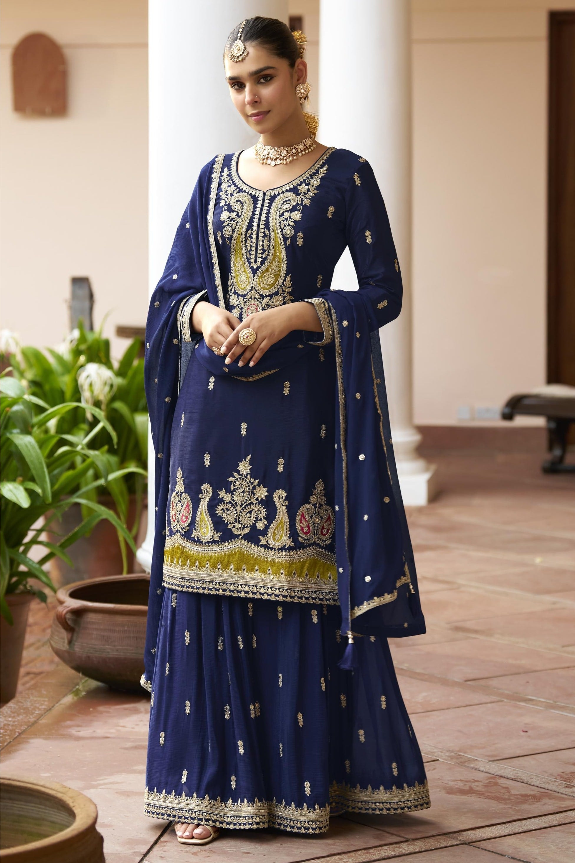 Blue Chinon Silk Plazo Suit For Indian & Pakistani Wedding Festival - Sequence & Thread Embroidery Work, Dori Work
