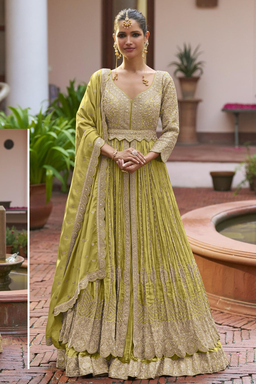 Mustard Chinon Silk Anarkali Suit With Skirt For Indian & Pakistani Wedding Festival - Thread & Sequins Embroidery Work