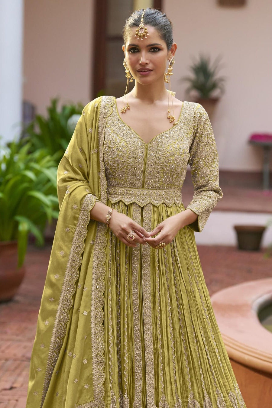 Mustard Chinon Silk Anarkali Suit With Skirt For Indian & Pakistani Wedding Festival - Thread & Sequins Embroidery Work