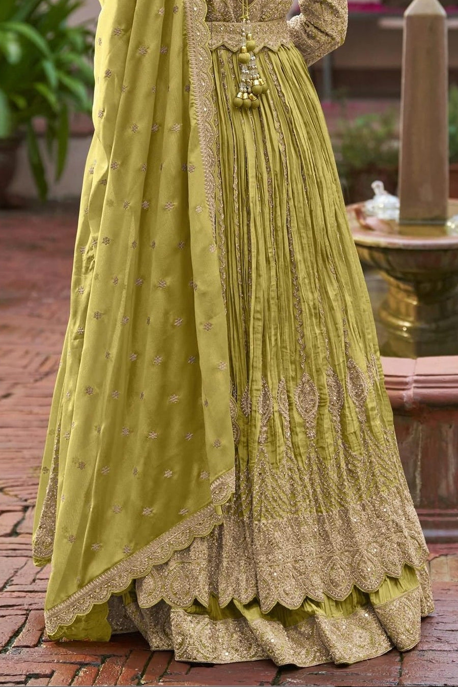 Mustard Chinon Silk Anarkali Suit With Skirt For Indian & Pakistani Wedding Festival - Thread & Sequins Embroidery Work