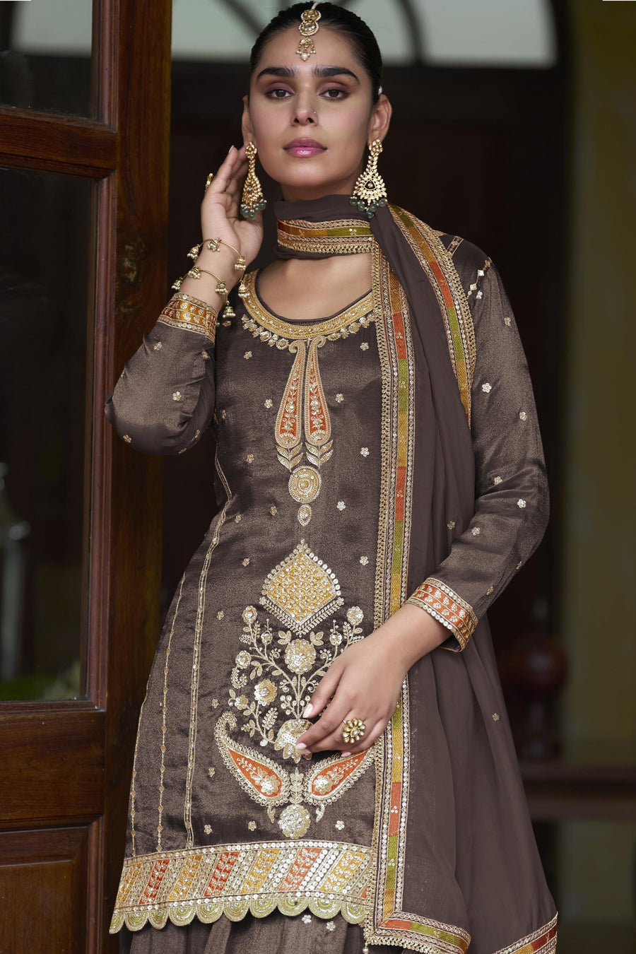 Brown Simmer Silk Palazzo Suit For Indian & Pakistani Wedding Festival - Thread & Sequins Embroidery Work