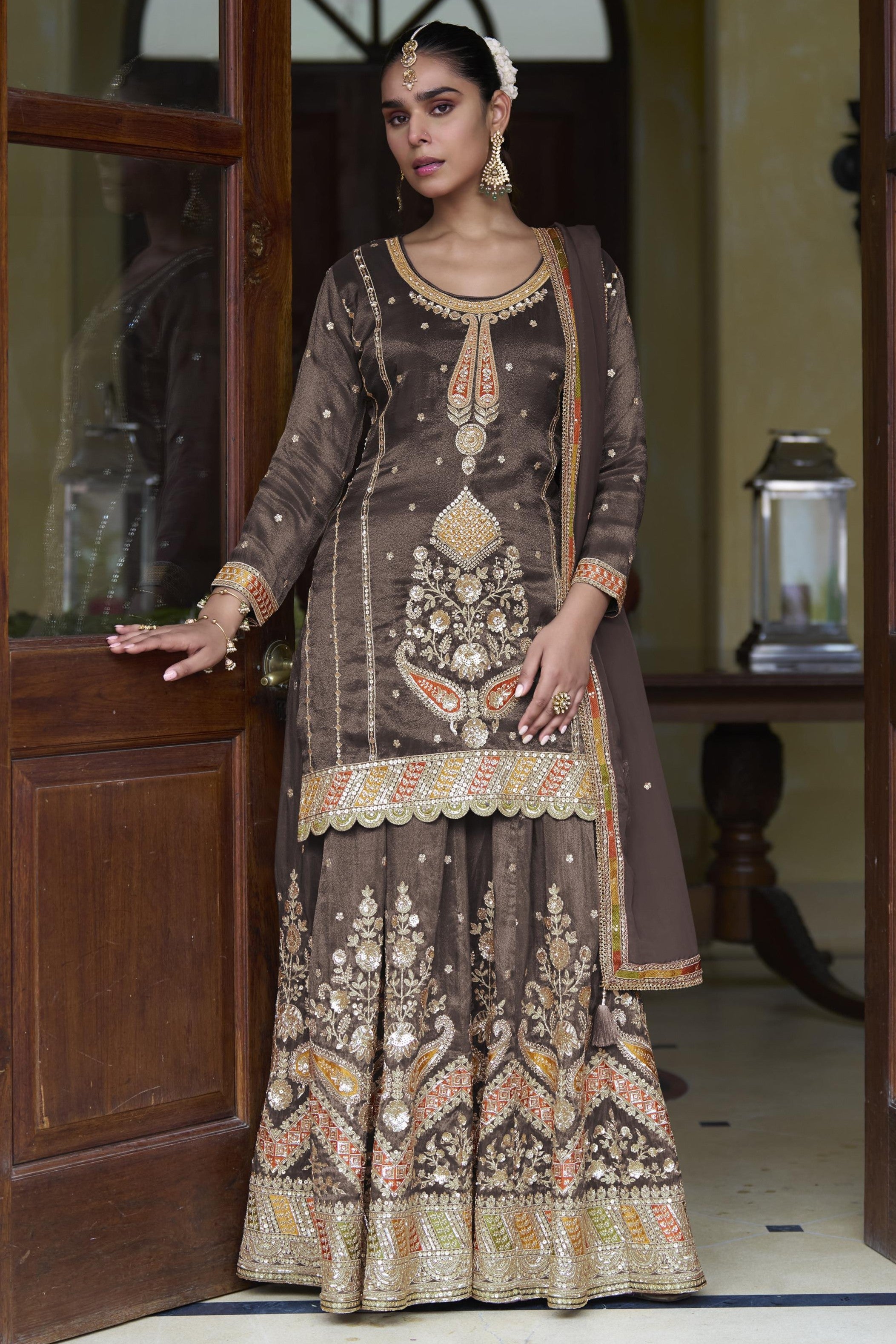 Brown Simmer Silk Palazzo Suit For Indian & Pakistani Wedding Festival - Thread & Sequins Embroidery Work