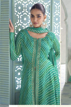 Detail of the emerald green chinon silk kameez and matching dupatta, reception wear look.
