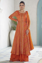 Orange chinon silk kameez with plazo and dupatta, front view with print and sequin work.