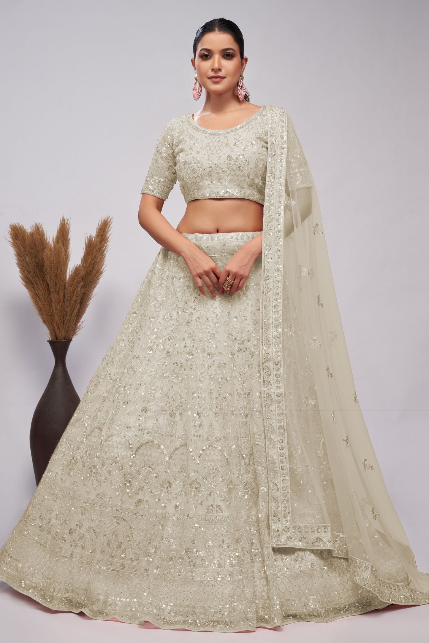 Off White Soft Net Lehenga Choli For Indian Festivals & Weddings - Sequins Work, Bead Work