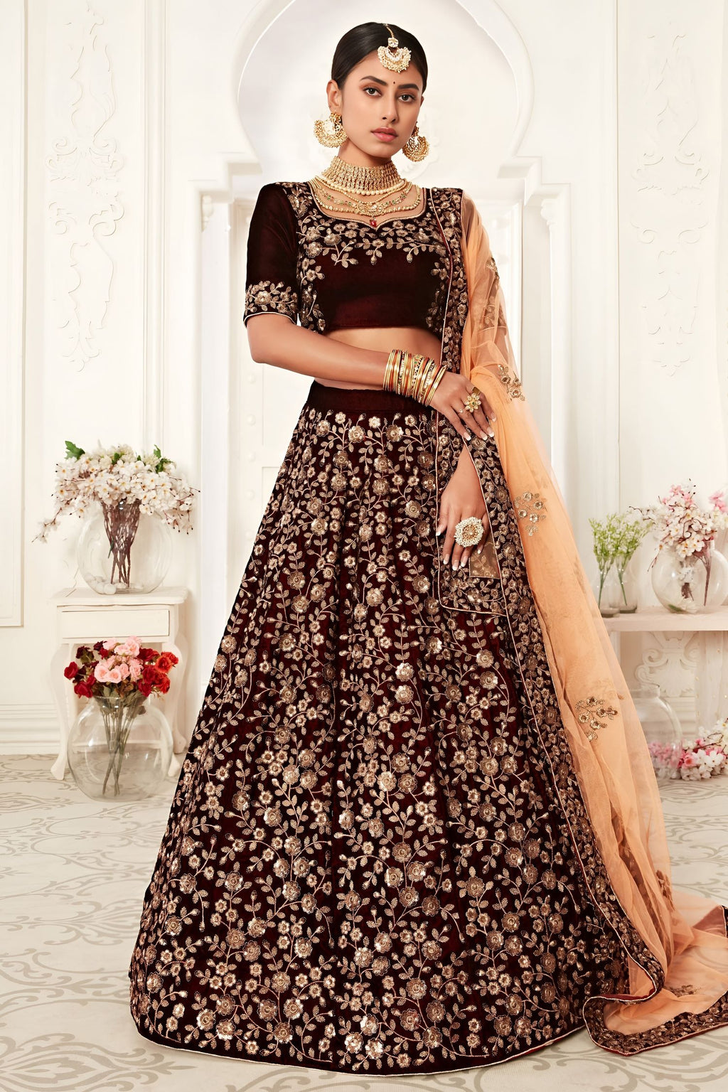 Wine Zari Work Velvet Lehenga Choli for Wedding