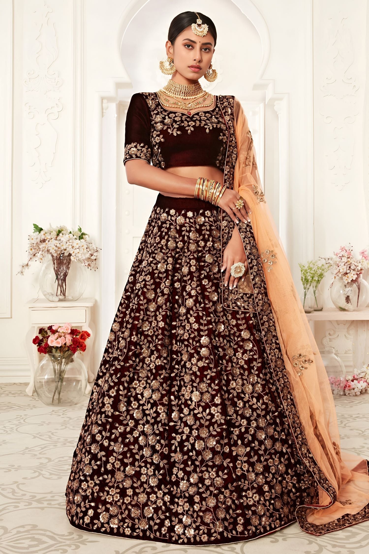 Wine Zari Work Velvet Lehenga Choli for Wedding