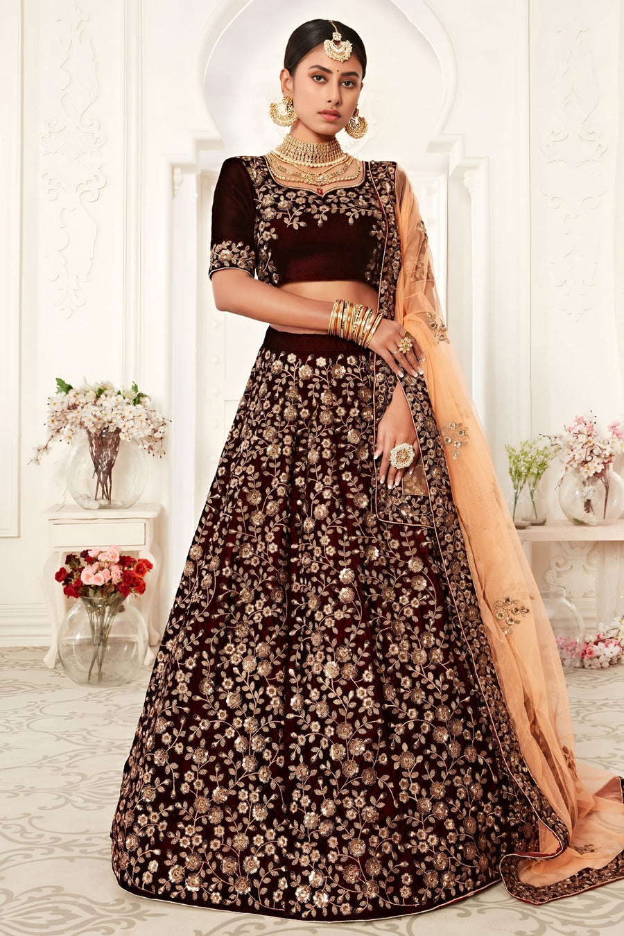 Wine Zari Work Velvet Lehenga Choli for Wedding