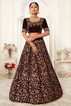 Wine Zari Work Velvet Lehenga Choli for Wedding