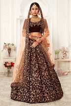 Wine Zari Work Velvet Lehenga Choli for Wedding