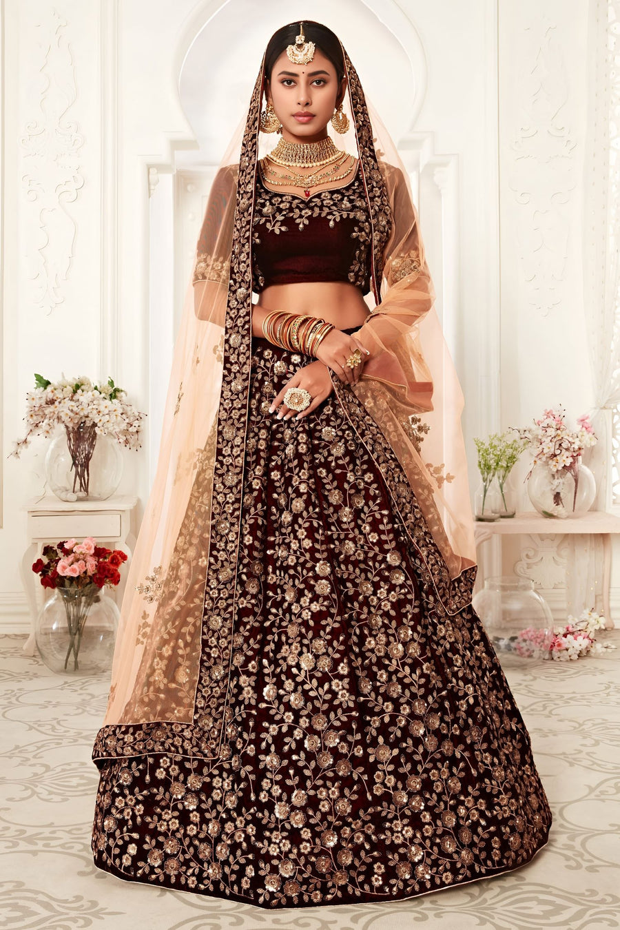 Wine Zari Work Velvet Lehenga Choli for Wedding