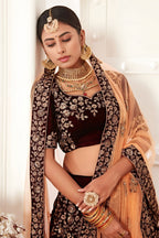 Wine Zari Work Velvet Lehenga Choli for Wedding