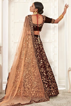 Wine Zari Work Velvet Lehenga Choli for Wedding
