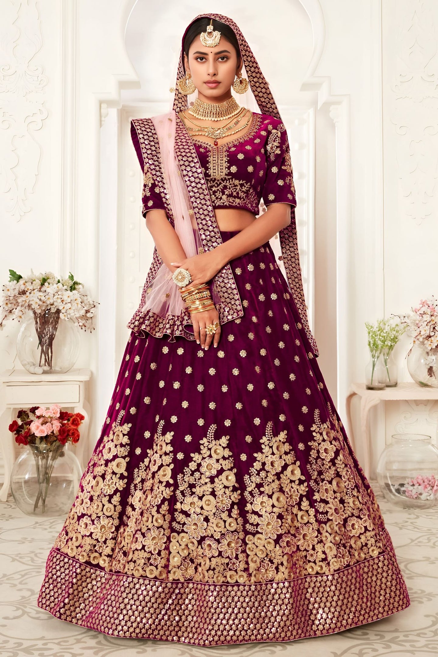 Plum Velvet Lehenga Choli with Zari and Sequin Embroidery