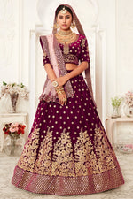 Burgundy Velvet Lehenga Choli with Zari and Sequin Embroidery