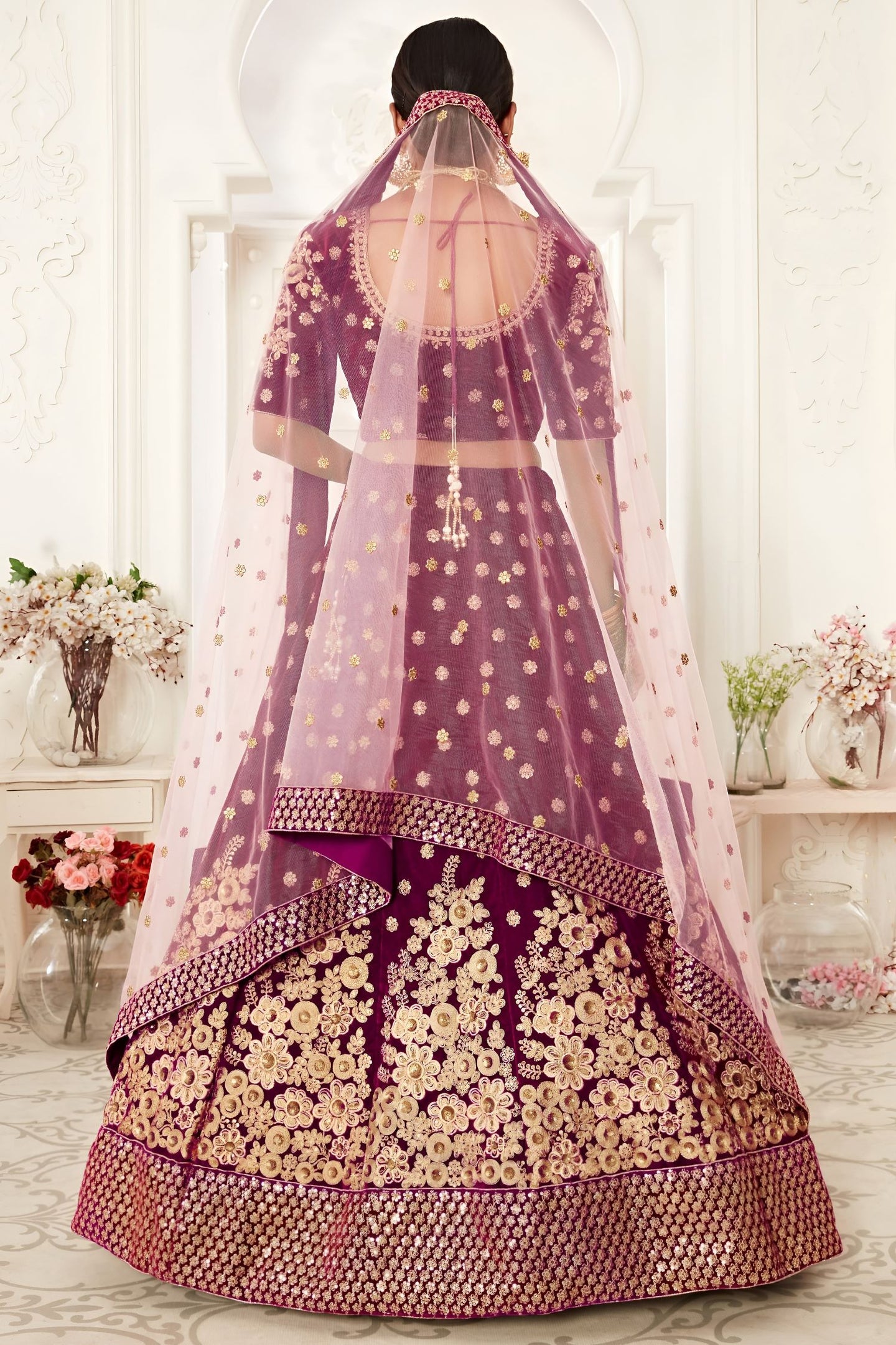 Plum Velvet Lehenga Choli with Zari and Sequin Embroidery