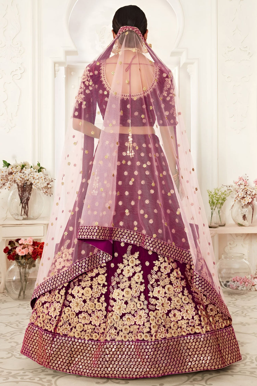 Plum Velvet Lehenga Choli with Zari and Sequin Embroidery