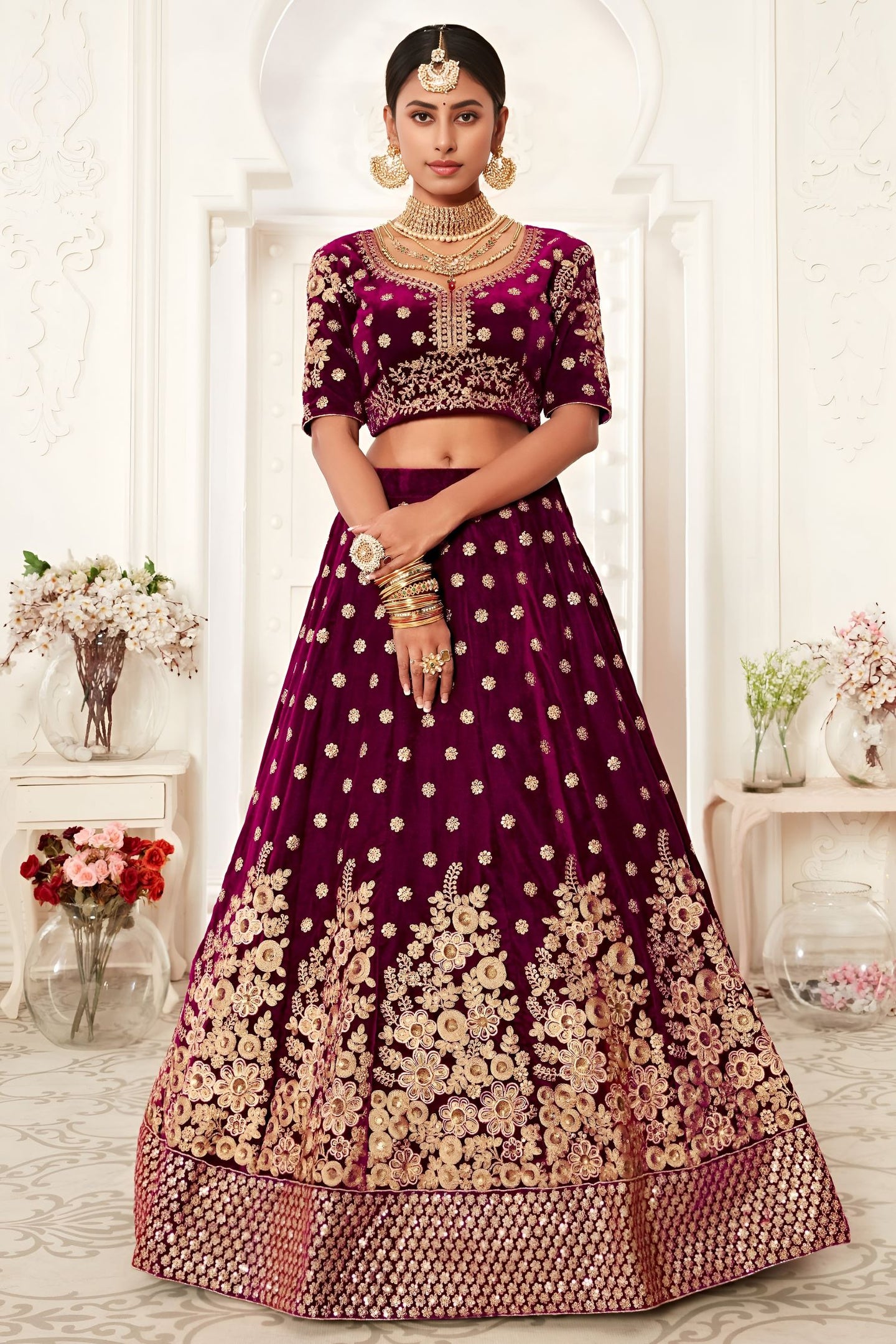 Plum Velvet Lehenga Choli with Zari and Sequin Embroidery