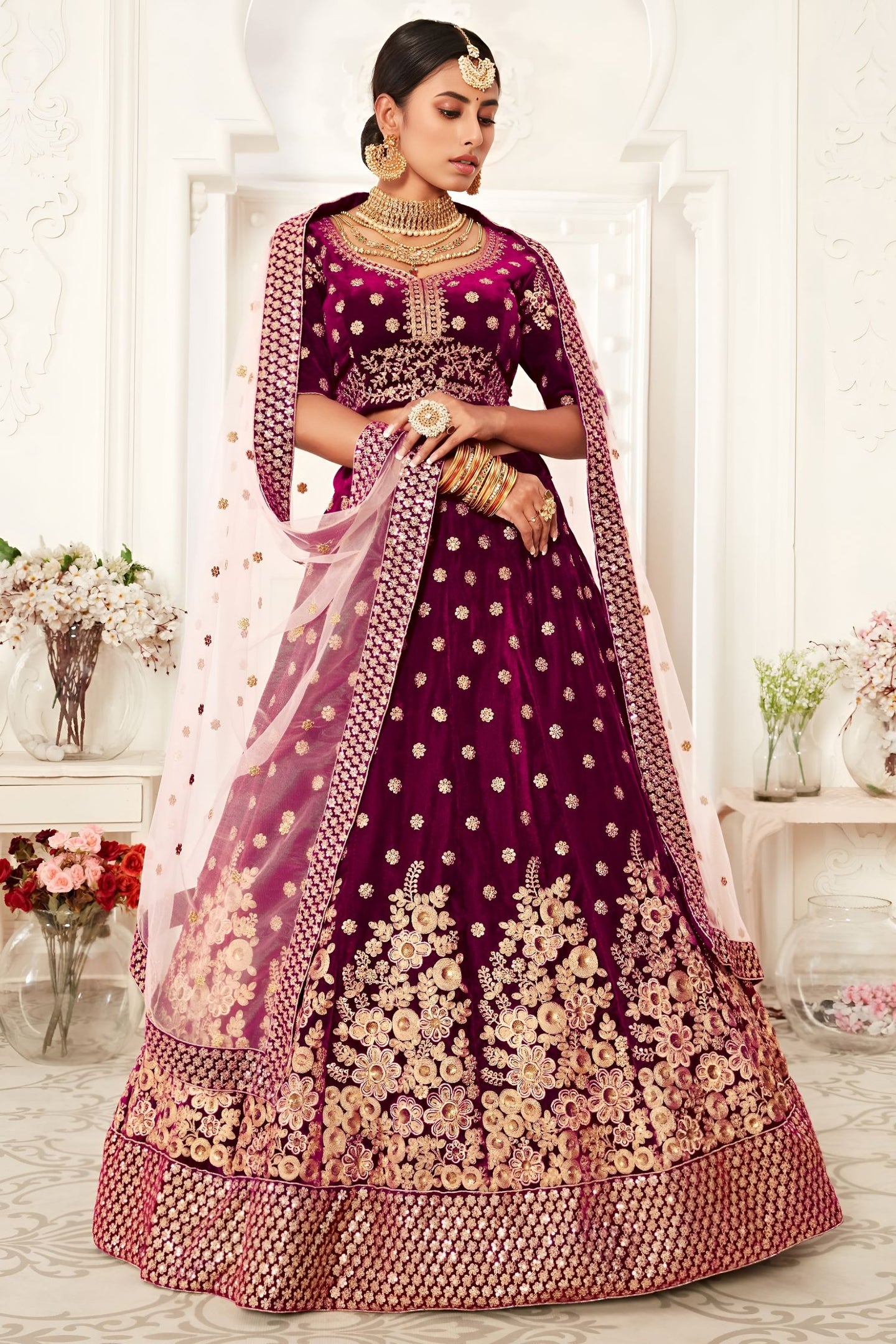 Plum Velvet Lehenga Choli with Zari and Sequin Embroidery