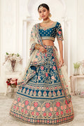 Teal Slub Silk Chaniya Choli with Zari and Sequins Embroidery