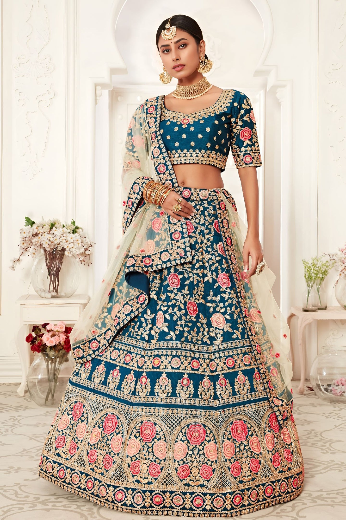Teal Slub Silk Chaniya Choli with Zari and Sequins Embroidery