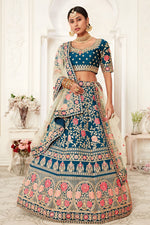 Teal Slub Silk Chaniya Choli with Sequins & Zari Embroidery