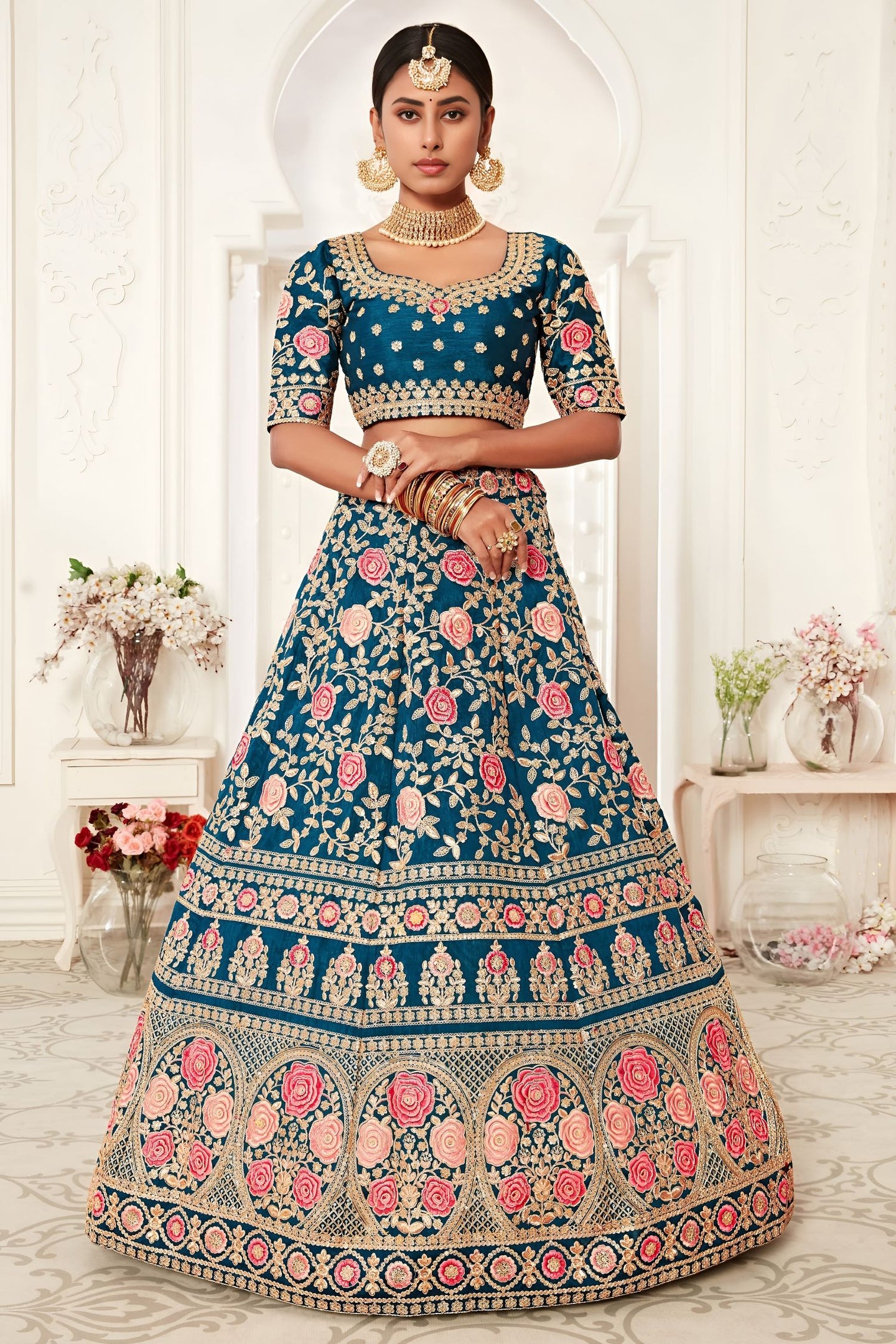 Teal Slub Silk Chaniya Choli with Zari and Sequins Embroidery