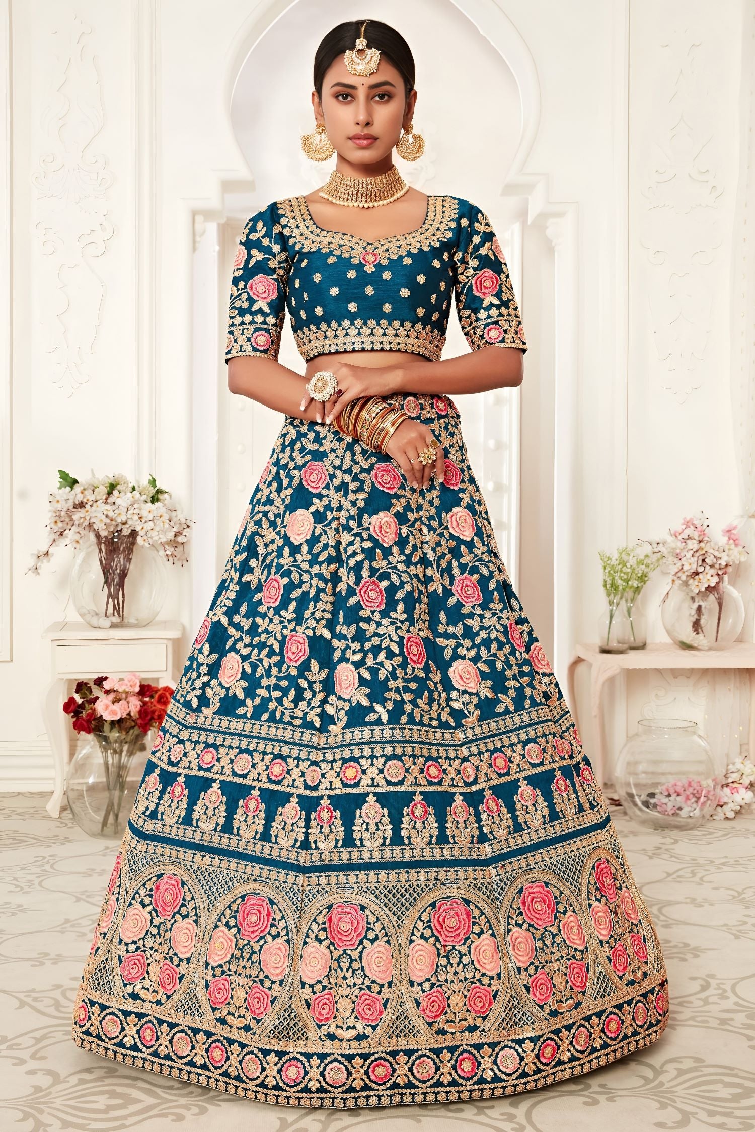 Teal Slub Silk Chaniya Choli with Zari and Sequins Embroidery