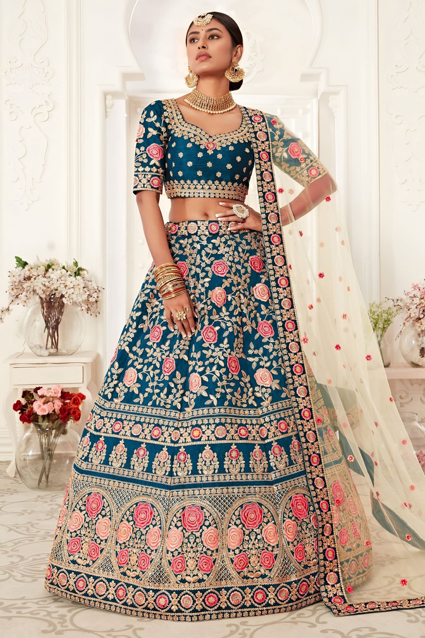 Teal Slub Silk Chaniya Choli with Zari and Sequins Embroidery