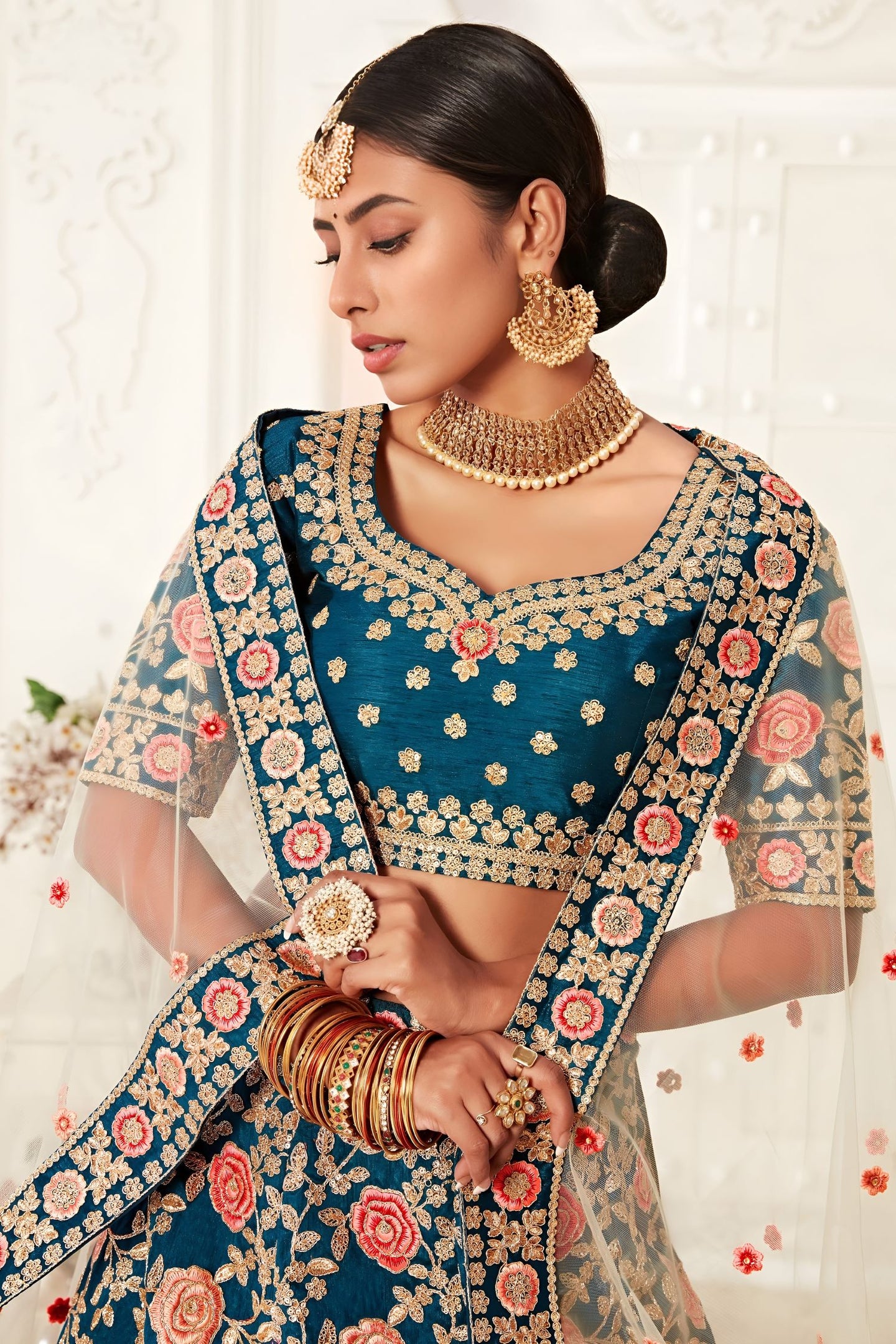 Teal Slub Silk Chaniya Choli with Zari and Sequins Embroidery